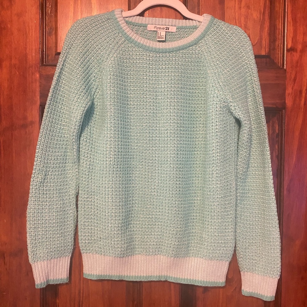 NWOT Forever21 F21 Fishermans Rib Stitch Cable Knit Varsity Sweater Mint Green M